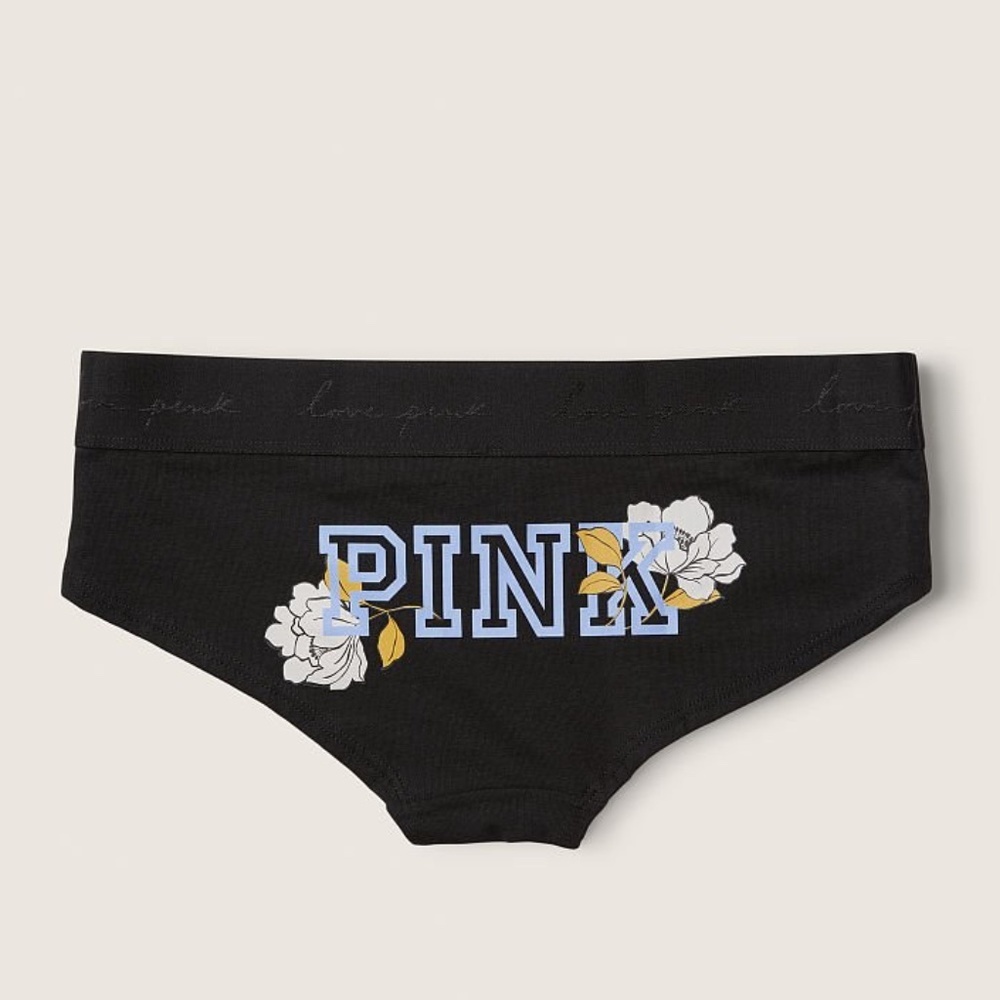 Victoria's Secret PINK Logo Hipster Panty Black w/ Graphic Small NEW
